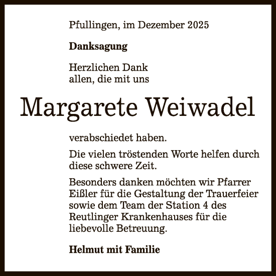 Anzeige von Margarete Weiwadel von Reutlinger General-Anzeiger
