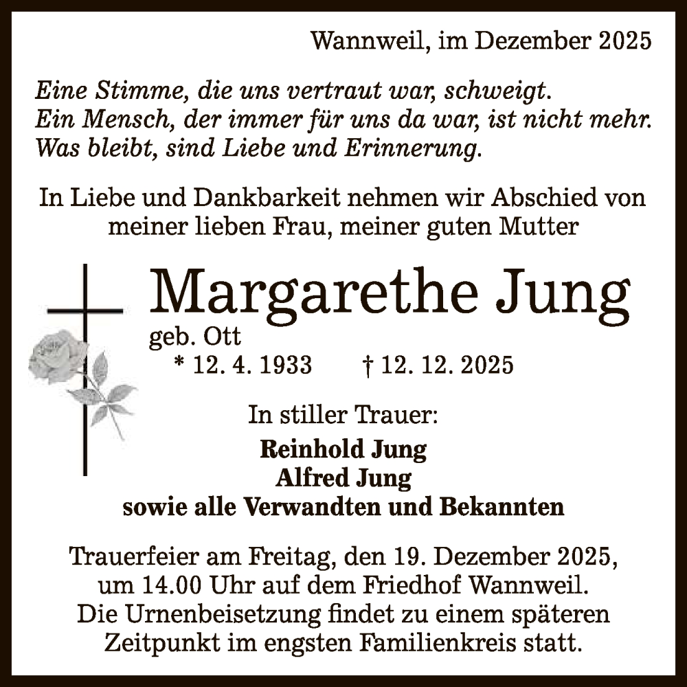  Traueranzeige für Margarethe Jung vom 16.12.2025 aus Reutlinger General-Anzeiger