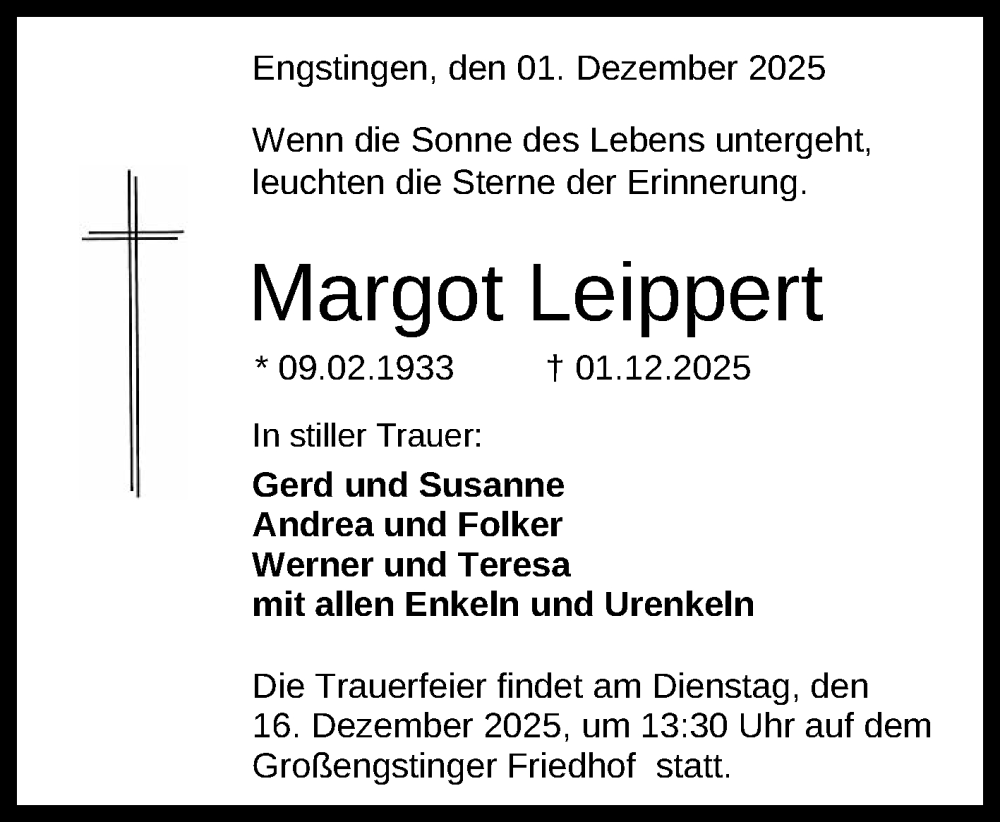  Traueranzeige für Margot Leippert vom 13.12.2025 aus Reutlinger General-Anzeiger