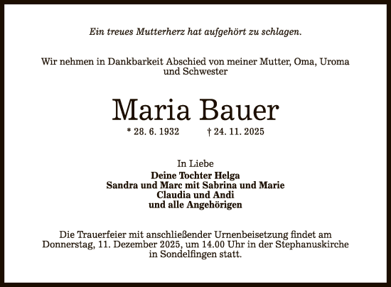 Anzeige von Maria Bauer von Reutlinger General-Anzeiger