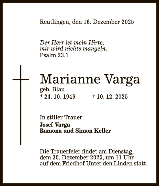 Anzeige von Marianne Varga von Reutlinger General-Anzeiger