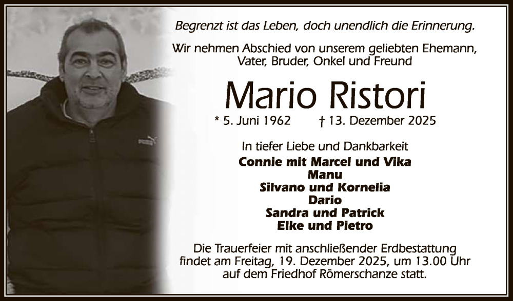  Traueranzeige für Mario Ristori vom 17.12.2025 aus Reutlinger General-Anzeiger