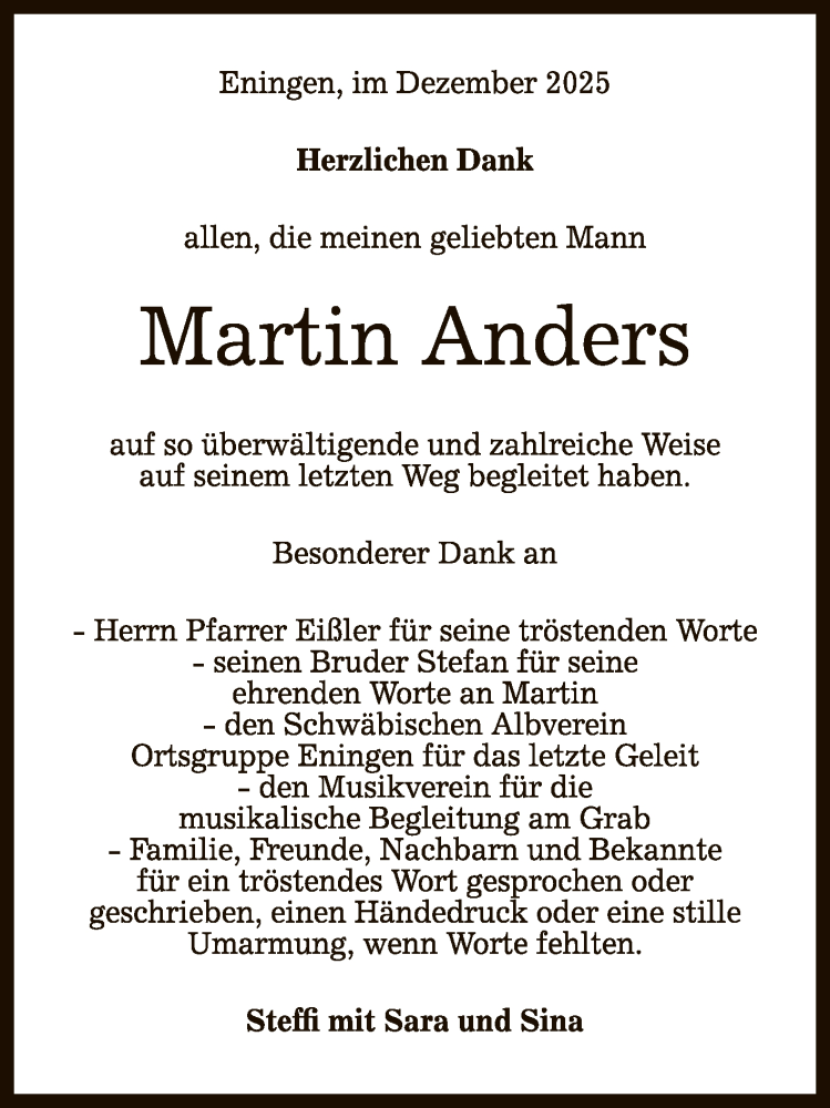  Traueranzeige für Martin Anders vom 06.12.2025 aus Reutlinger General-Anzeiger