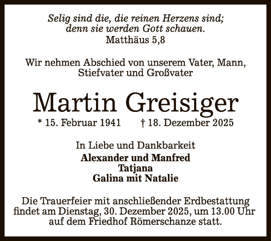 Anzeige von Martin Greisiger von Reutlinger General-Anzeiger