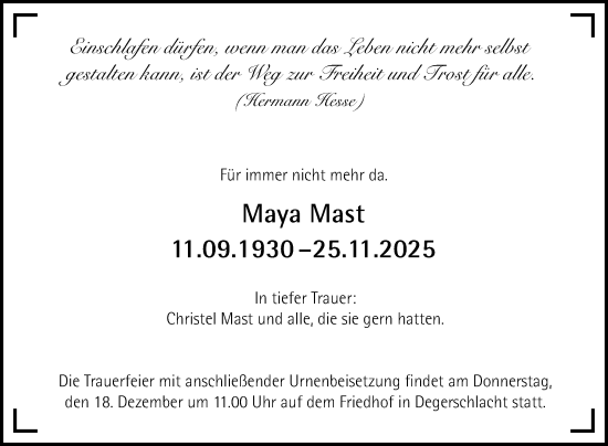 Anzeige von Maya Mast von Reutlinger General-Anzeiger