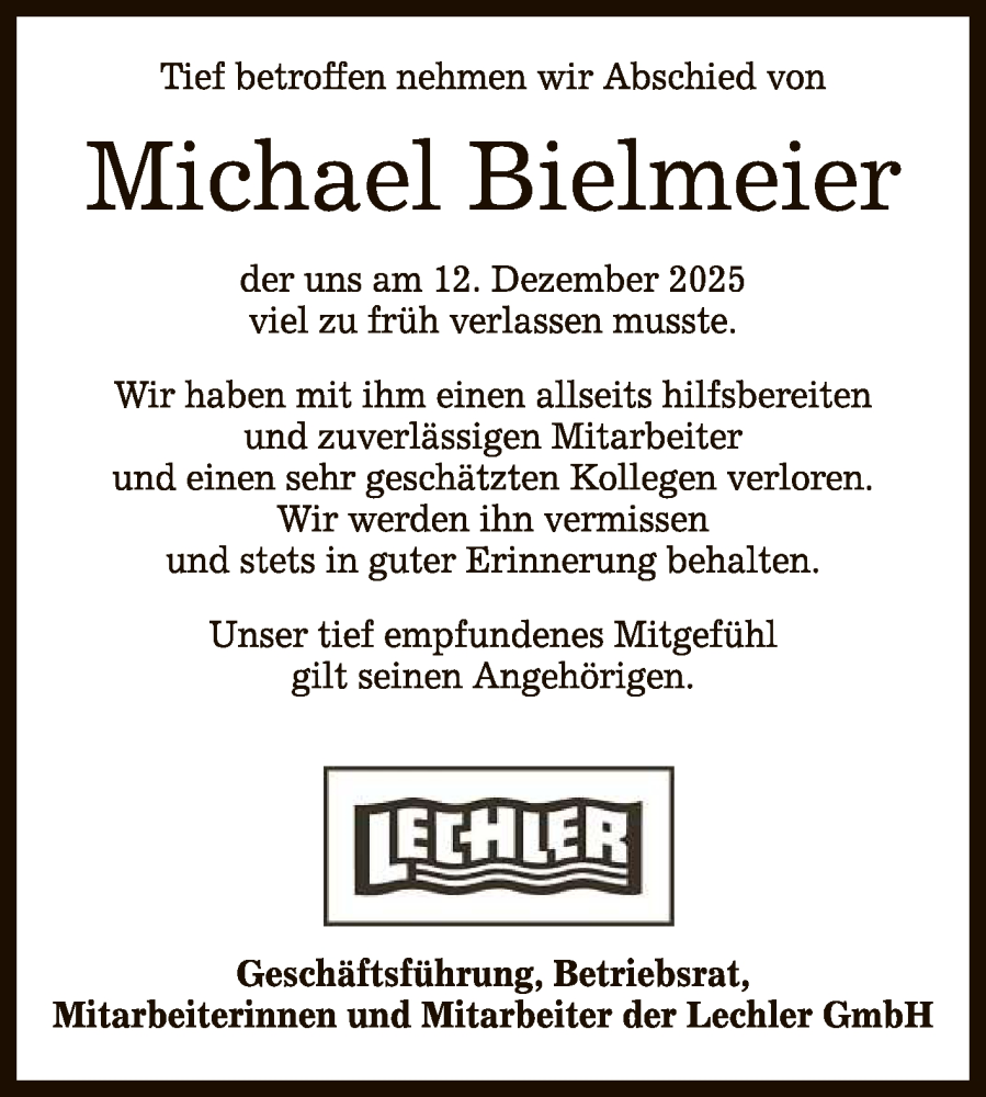  Traueranzeige für Michael Bielmeier vom 20.12.2025 aus Reutlinger General-Anzeiger