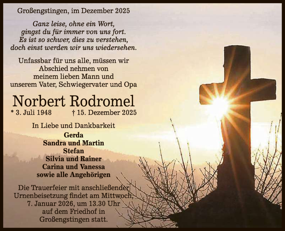  Traueranzeige für Norbert Rodromel vom 27.12.2025 aus Reutlinger General-Anzeiger