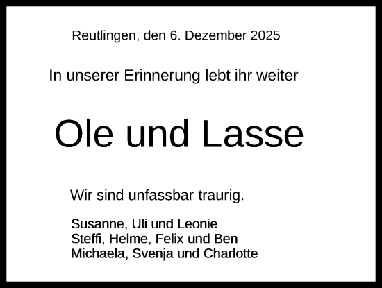 Anzeige von Ole und Lasse  von Reutlinger General-Anzeiger