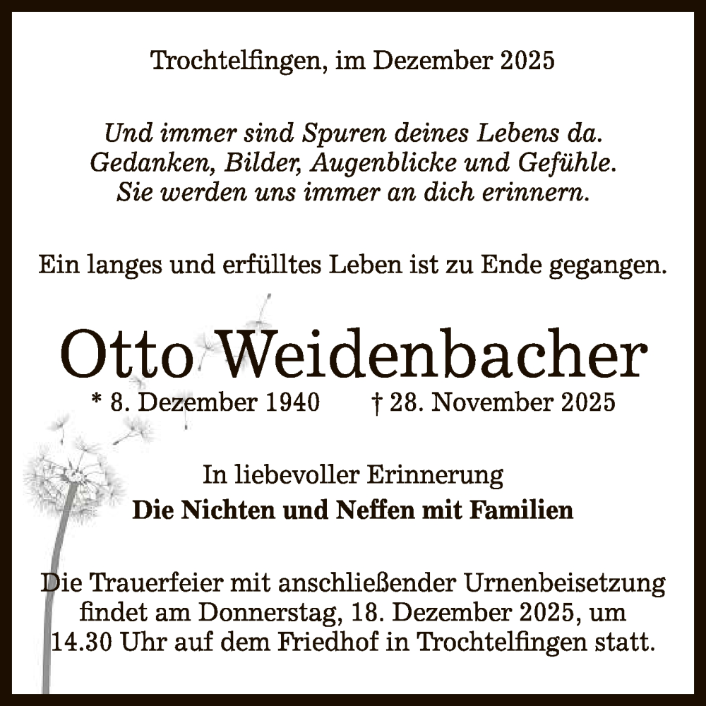  Traueranzeige für Otto Weidenbacher vom 06.12.2025 aus Reutlinger General-Anzeiger