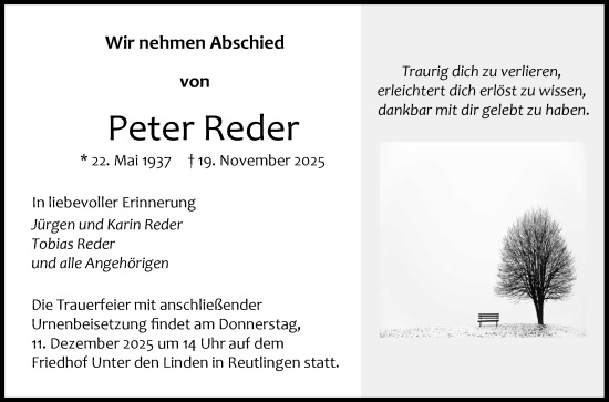 Anzeige von Peter Reder von Reutlinger General-Anzeiger