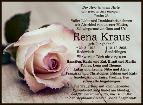 Anzeige von Rena Kraus von Reutlinger General-Anzeiger