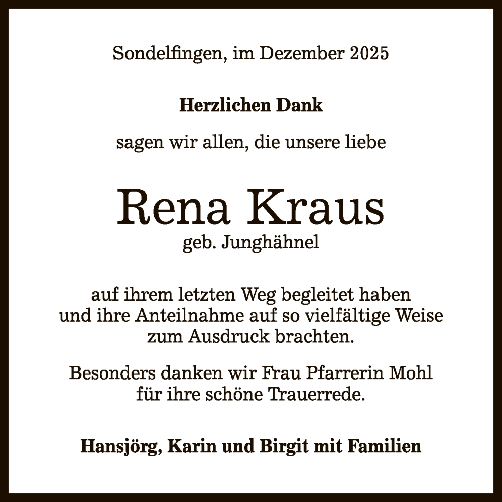  Traueranzeige für Rena Kraus vom 27.12.2025 aus Reutlinger General-Anzeiger