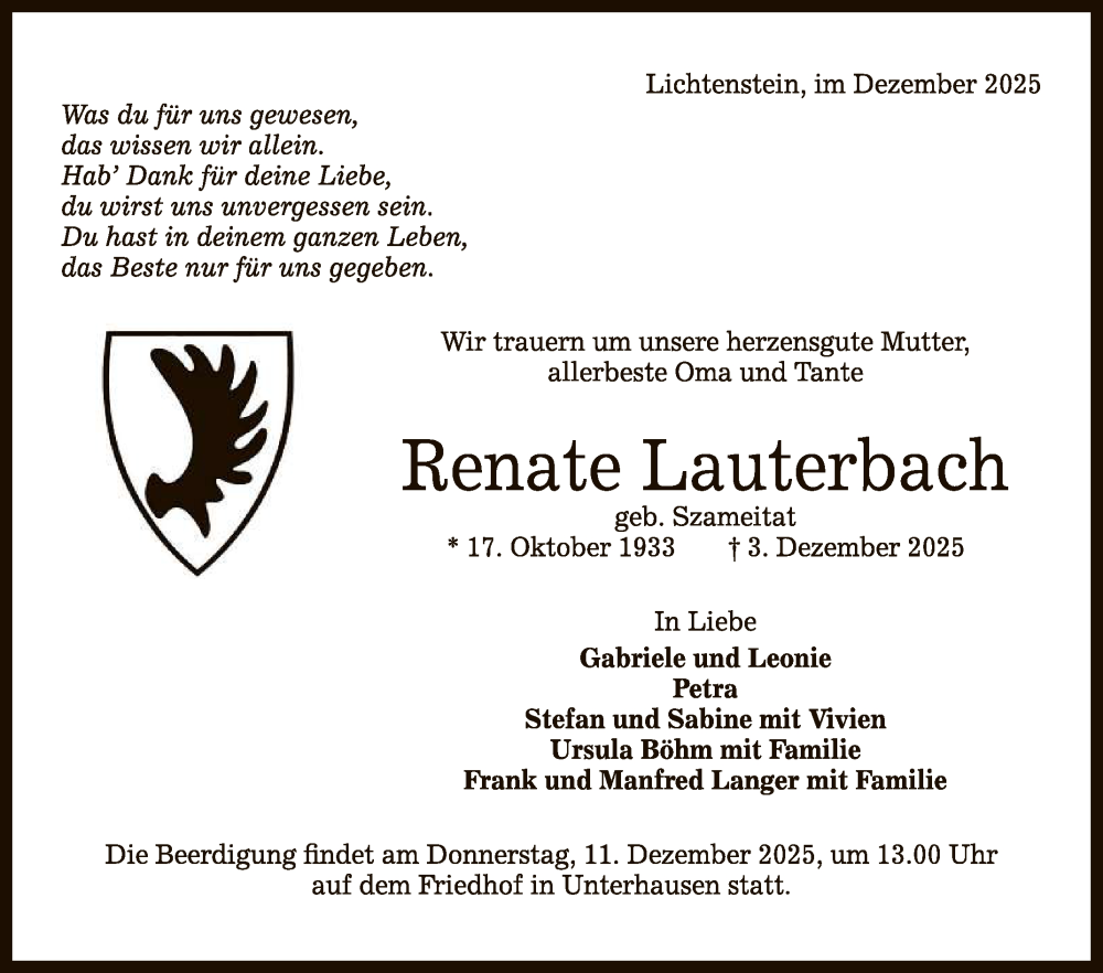 Traueranzeige für Renate Lauterbach vom 06.12.2025 aus Reutlinger General-Anzeiger