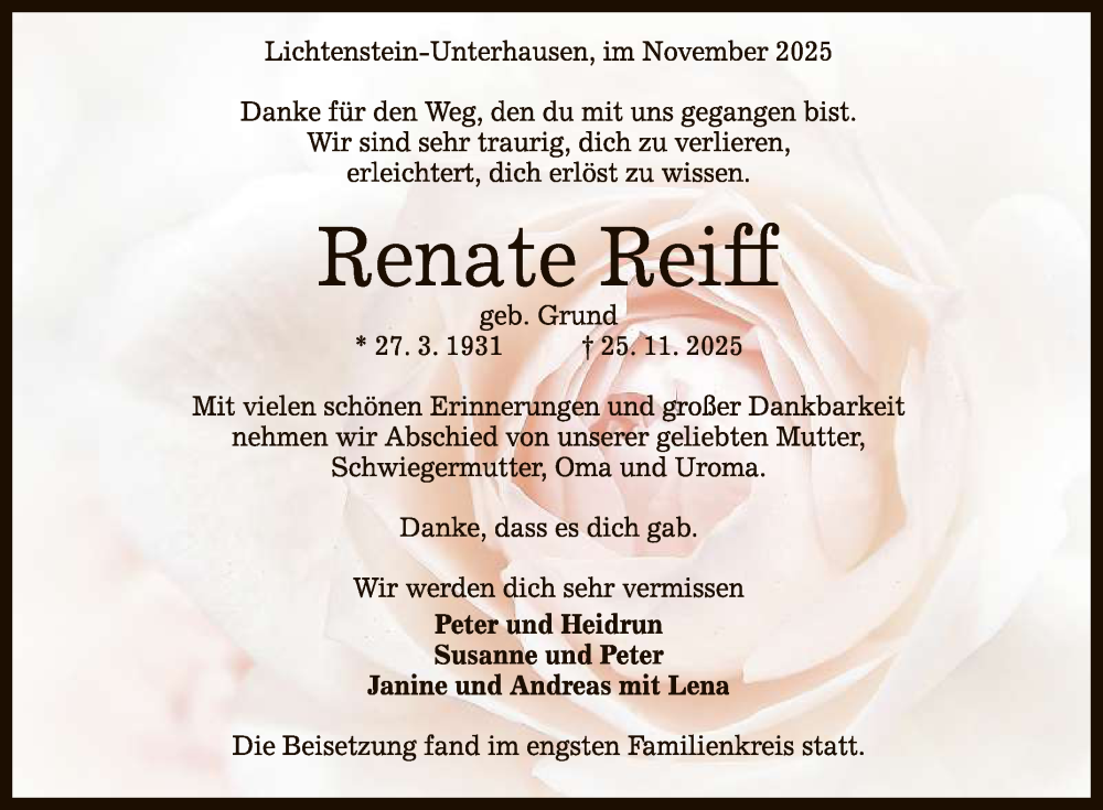  Traueranzeige für Renate Reiff vom 13.12.2025 aus Reutlinger General-Anzeiger