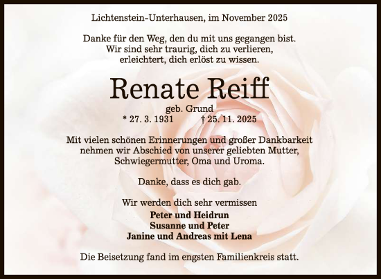 Anzeige von Renate Reiff von Reutlinger General-Anzeiger