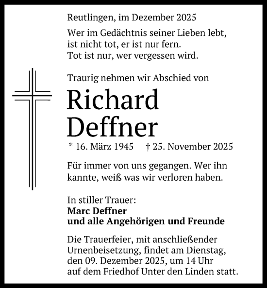 Anzeige von Richard Deffner von Reutlinger General-Anzeiger