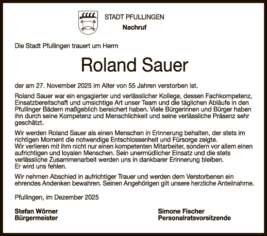 Anzeige von Roland Sauer von Reutlinger General-Anzeiger