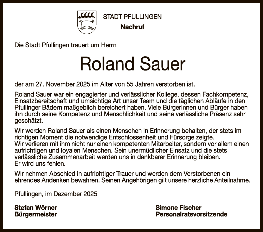  Traueranzeige für Roland Sauer vom 06.12.2025 aus Reutlinger General-Anzeiger