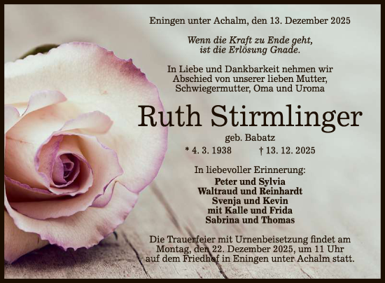 Anzeige von Ruth Stirmlinger von Reutlinger General-Anzeiger