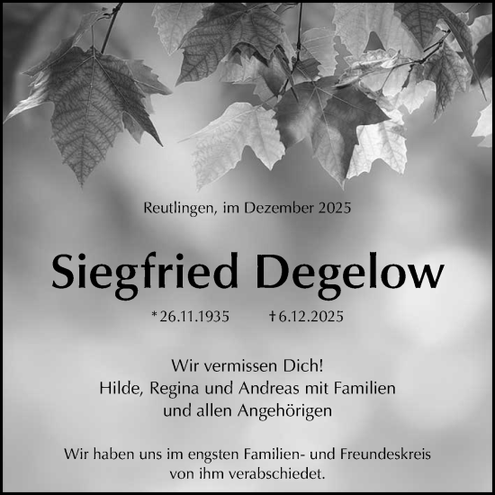 Anzeige von Siegfried Degelow von Reutlinger General-Anzeiger