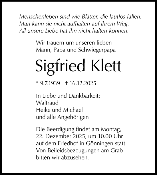 Anzeige von Sigfried Klett von Reutlinger General-Anzeiger