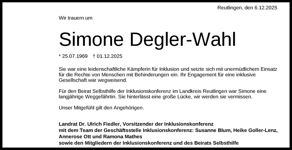  Traueranzeige für Simone Degler-Wahl vom 06.12.2025 aus Reutlinger General-Anzeiger
