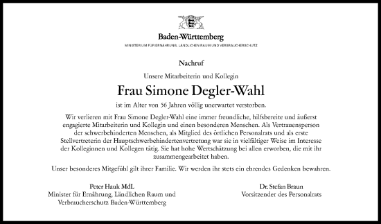 Anzeige von Simone Degler-Wahl von Reutlinger General-Anzeiger
