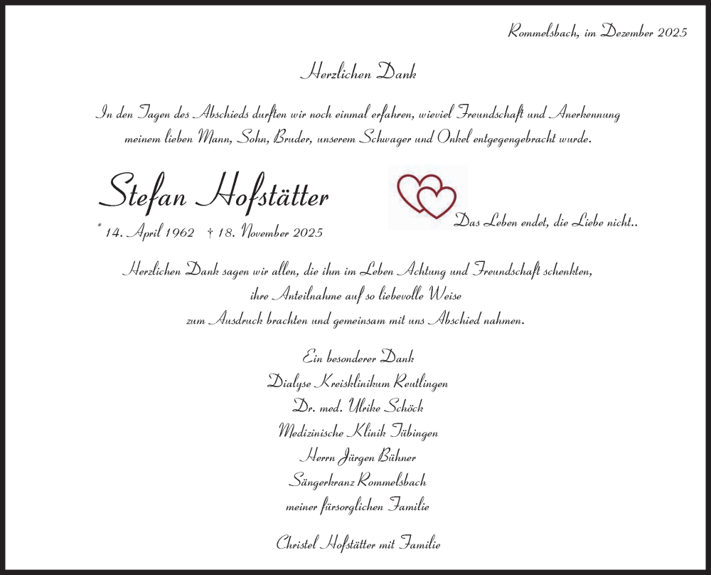  Traueranzeige für Stefan Hofstätter vom 08.12.2025 aus Reutlinger General-Anzeiger