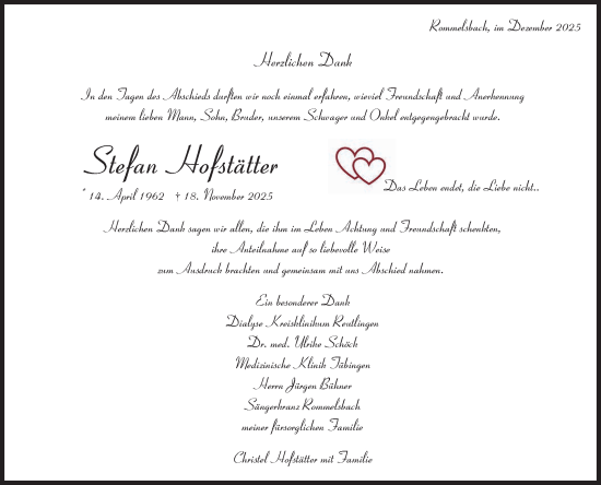 Anzeige von Stefan Hofstätter von Reutlinger General-Anzeiger