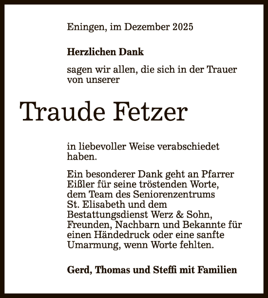 Anzeige von Traude Fetzer von Reutlinger General-Anzeiger