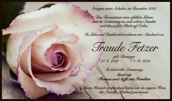 Anzeige von Traude Fetzer von Reutlinger General-Anzeiger