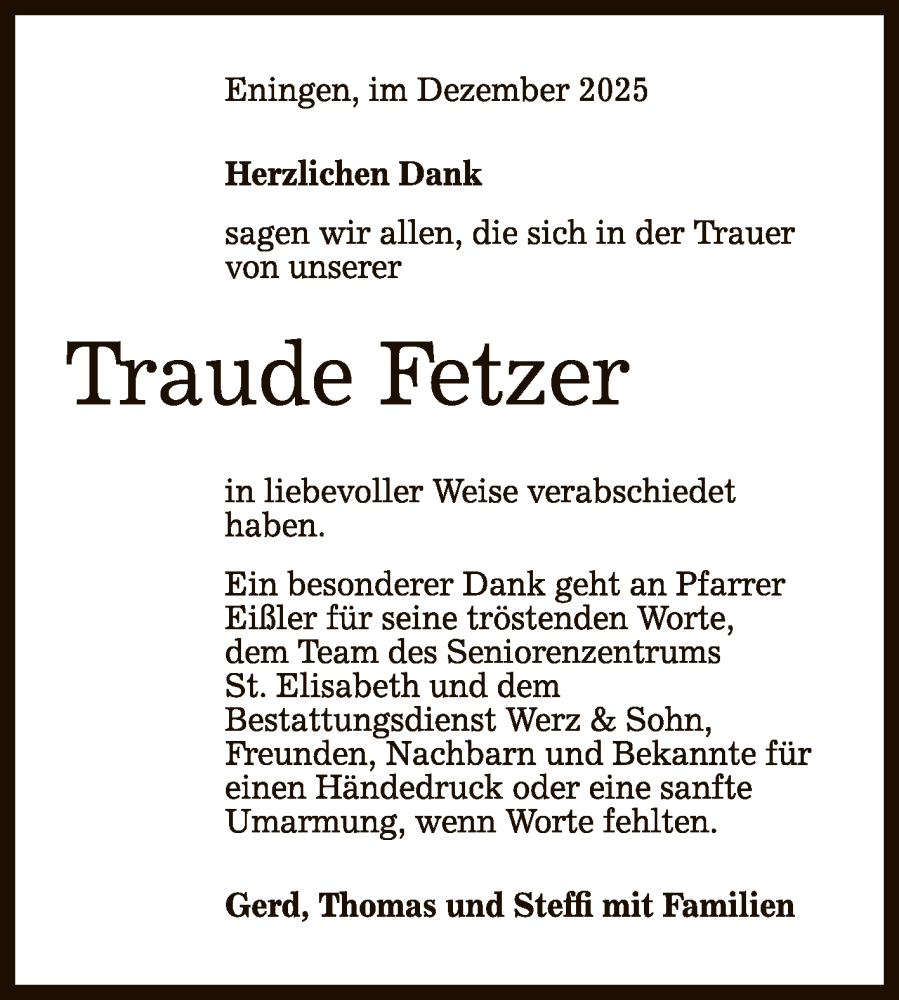  Traueranzeige für Traude Fetzer vom 20.12.2025 aus Reutlinger General-Anzeiger