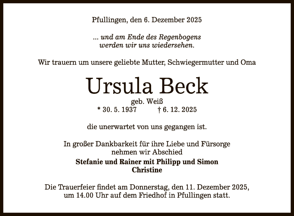  Traueranzeige für Ursula Beck vom 09.12.2025 aus Reutlinger General-Anzeiger