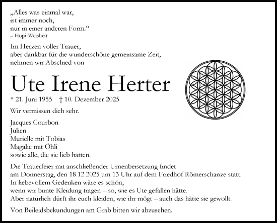 Anzeige von Ute Irene Herter von Reutlinger General-Anzeiger