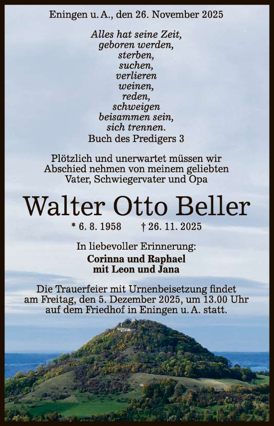 Anzeige von Walter Otto Beller von Reutlinger General-Anzeiger