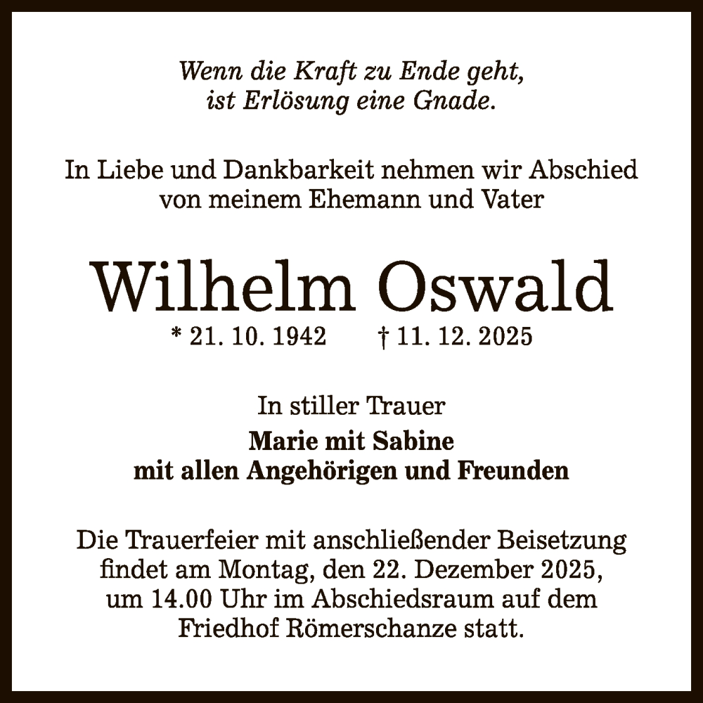  Traueranzeige für Wilhelm Oswald vom 17.12.2025 aus Reutlinger General-Anzeiger
