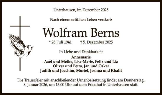 Anzeige von Wolfram Berns von Reutlinger General-Anzeiger