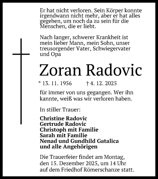 Anzeige von Zoran Radovic von Reutlinger General-Anzeiger