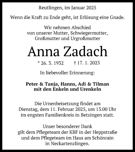 Anzeige von Anna Zadach von Reutlinger General-Anzeiger