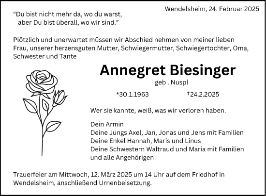 Anzeige von Annegret Biesinger von Reutlinger General-Anzeiger