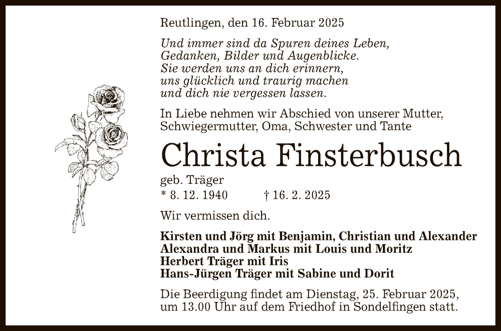  Traueranzeige für Christa Finsterbusch vom 22.02.2025 aus Reutlinger General-Anzeiger