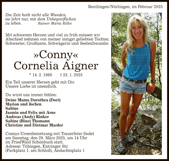 Anzeige von Conny Aigner von Reutlinger General-Anzeiger