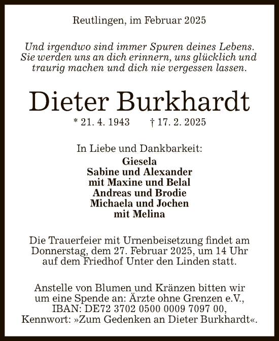 Anzeige von Dieter Burkhardt von Reutlinger General-Anzeiger