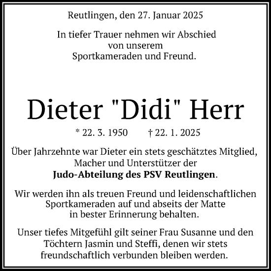 Anzeige von Dieter Herr von Reutlinger General-Anzeiger