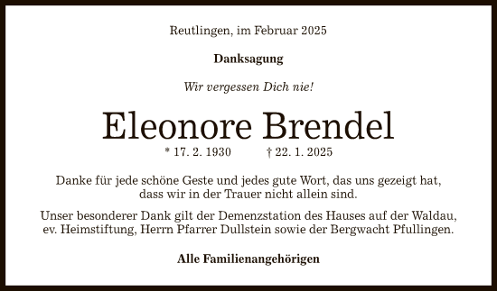 Anzeige von Eleonore Brendel von Reutlinger General-Anzeiger