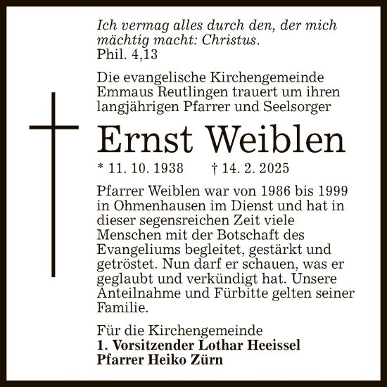 Anzeige von Ernst Weiblen von Reutlinger General-Anzeiger