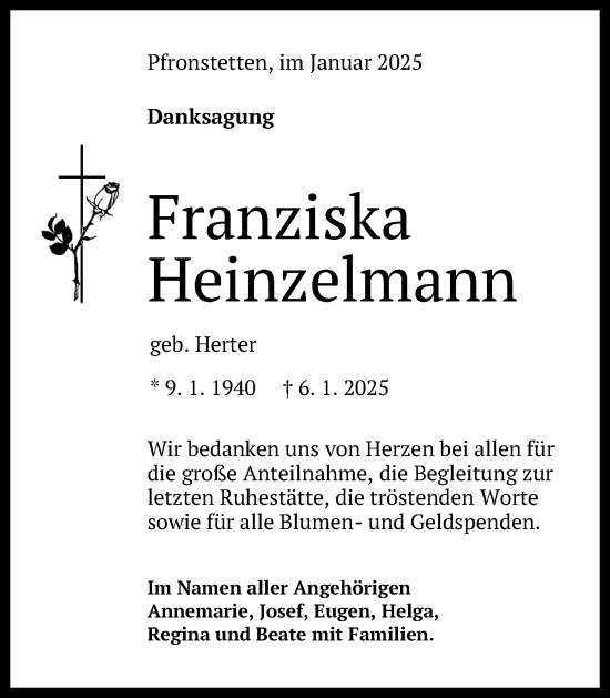 Anzeige von Franziska Heinzelmann von Reutlinger General-Anzeiger