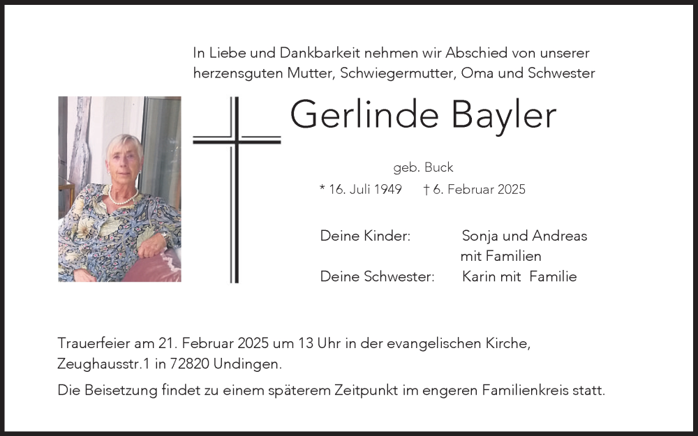  Traueranzeige für Gerlinde Bayler vom 15.02.2025 aus Reutlinger General-Anzeiger