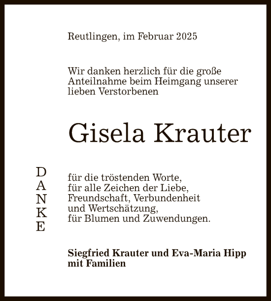 Anzeige von Gisela Krauter von Reutlinger General-Anzeiger