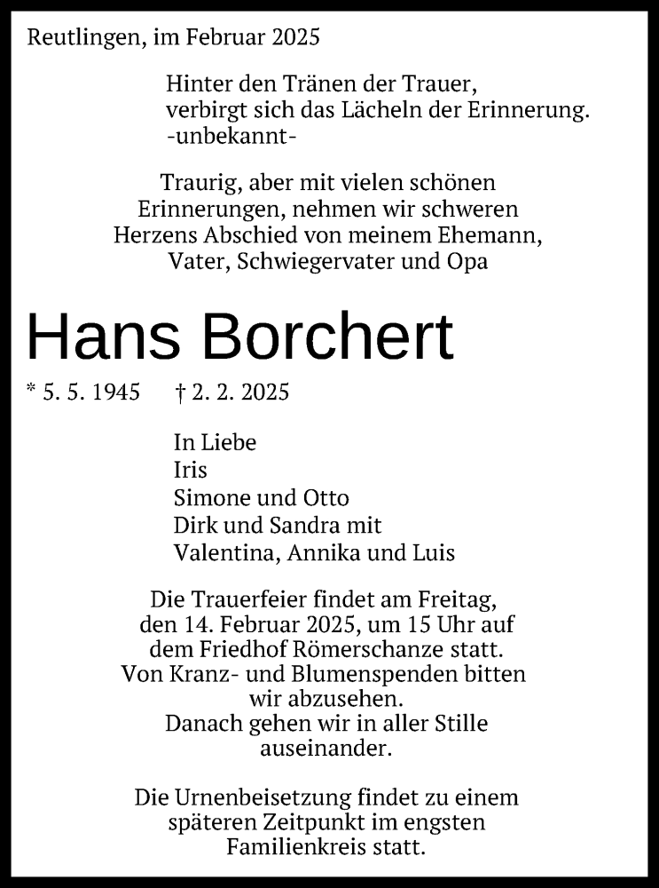  Traueranzeige für Hans Borchert vom 10.02.2025 aus Reutlinger General-Anzeiger